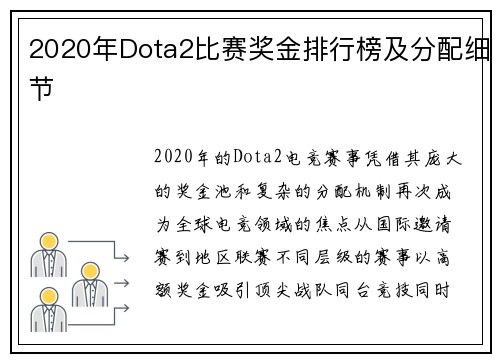 2020年Dota2比赛奖金排行榜及分配细节